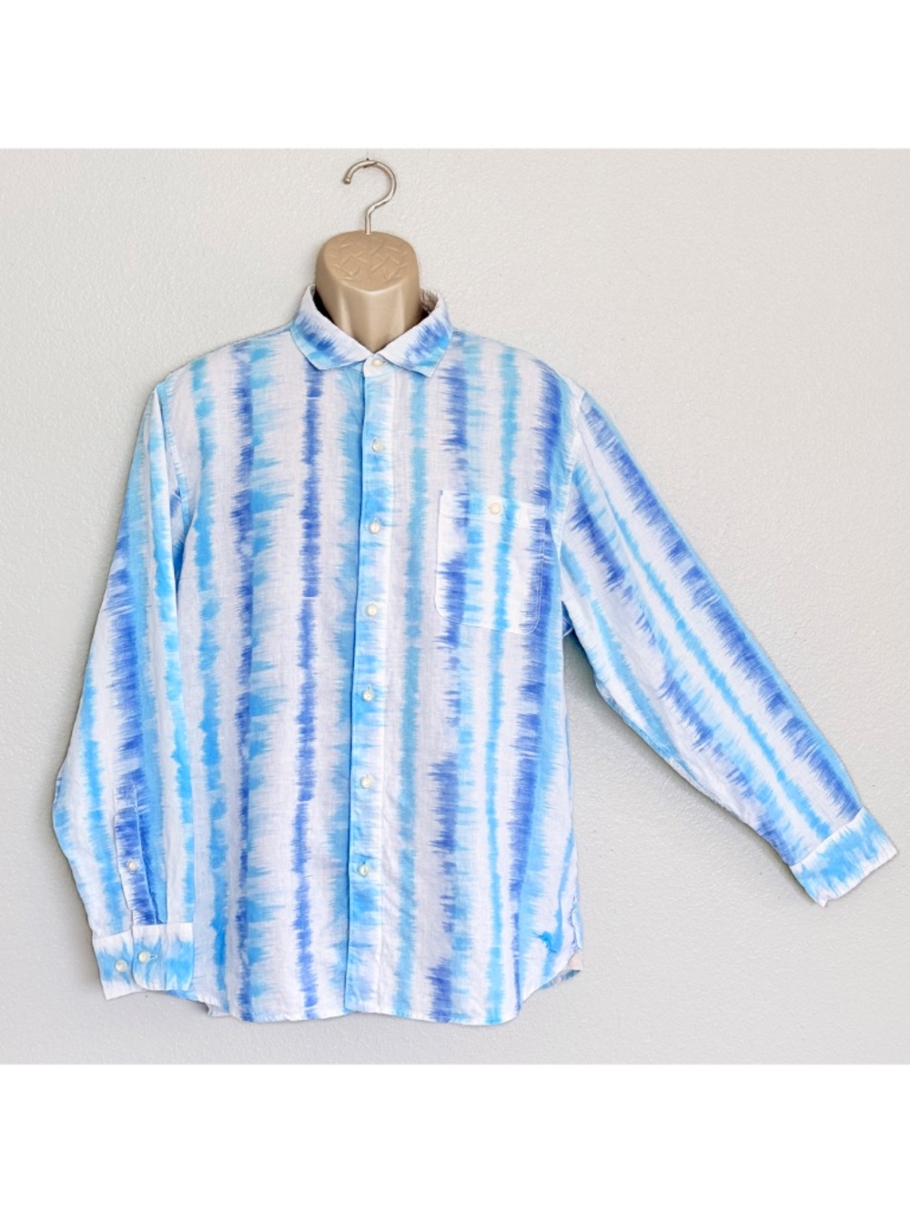 Tommy Bahama Men's Linen Blue Shibori Tie-Dye Summer Beach Surf Camp Shirt Sz L